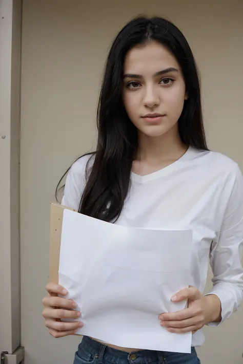 A beautiful woman with black hair and very white skin, thin, 20 years old, has a sheet of notebook paper in her hand with the word "Omar" drawn on it, looking towards the camera.