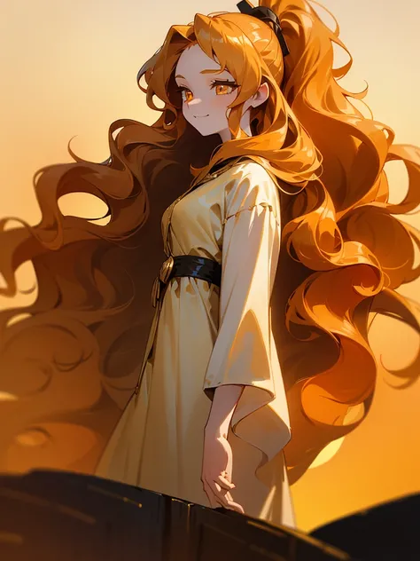 Beautiful, majestic, melancholic, woman, solo-girl, long orange-golden hair, (wavy hair, tied in a ponytail:1.3), pale white skin, golden eyes, narrow eyes, sly smile, (gold dress with black details:1.1), standing on a cliff, sunset in background, hills