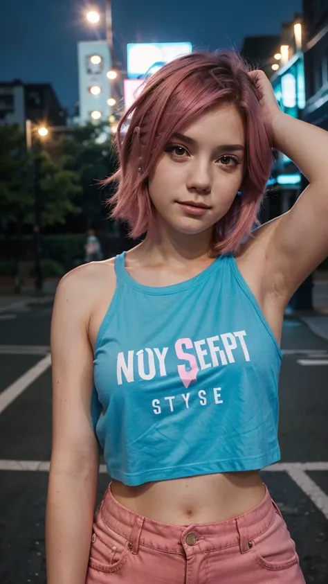 girl 21 years old, short shoulder-length hair, pink hair color, wearing a blue t-shirt, taking a selfie, city street in the background, its night, low lighting, selfi