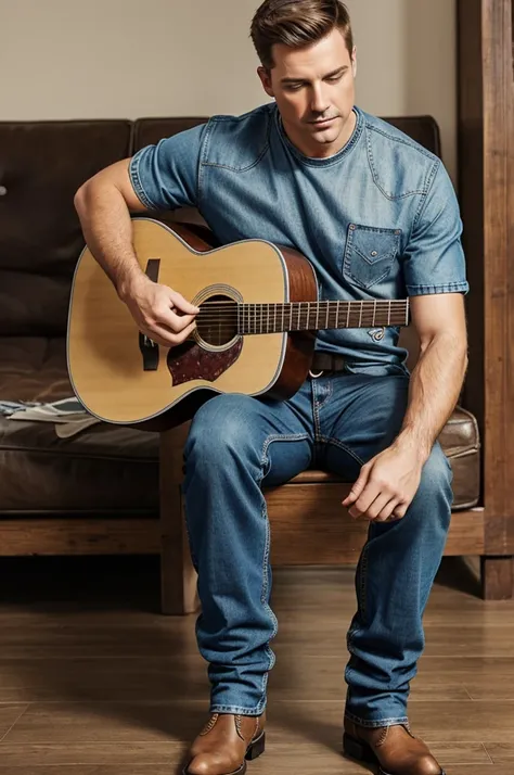 Man with short hair and no mustache wearing jeans, cowboy t-shirt, jeans a boots and playing a guitar 