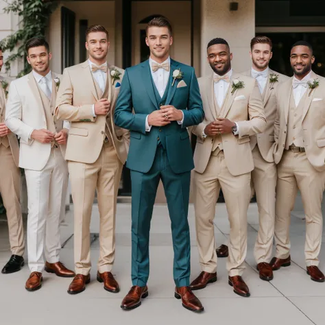 masterpiece, best quality, raw photo, bride and groom men in white suit and brown shoes in front of a building, wearing beige suit, all the people are wearing suit, beige suit and bow tie, men, wearing a beige tuxedo, wearing a suit, wearing beige suit, gr...