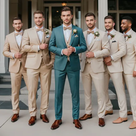 masterpiece, best quality, raw photo, bride and groom men in white suit and brown shoes in front of a building, wearing beige suit, all the people are wearing suit, beige suit and bow tie, men, wearing a beige tuxedo, wearing a suit, wearing beige suit, gr...