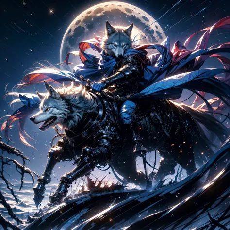 Blue Samurai, ghost, Walking with a Wolf in a Haunted Village, night sky, full moon, realistic, Full HD, Best quality