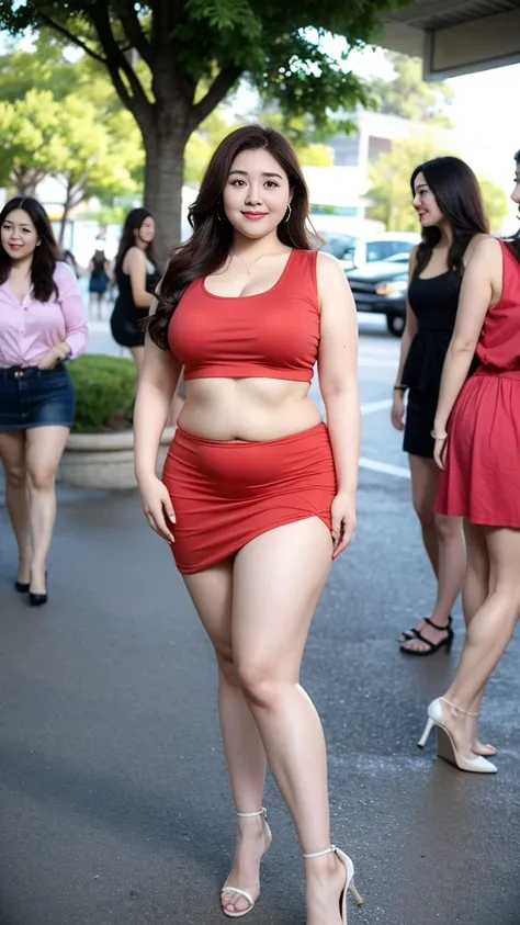 Four twin sisters，Smiling fat woman  ((best quality)), ((masterpiece)), (detailed), Perfect face, Wearing a green sports vest and short skirt, The other was wearing a red baggy shirt and jeans, Thin waist and thick hips,  Soft curves, hyperPractical full f...