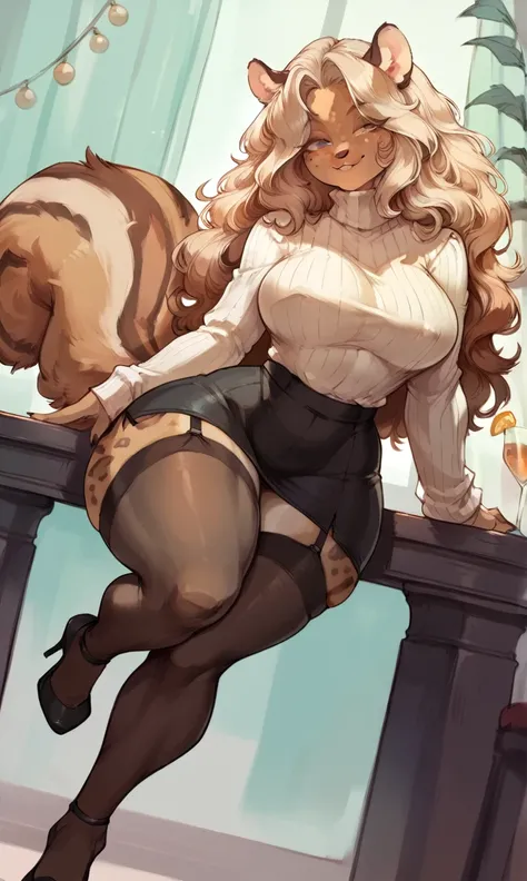 female anthro Snow leopard,Brown long fluffy hair, fluffy hair, squirrel ears, hyena, big breasts, attractive, turtleneck sweater, turtleneck, thicc body, black skirt, thicc body, thicc, freckles, freckles on face, neutral expression, smug eyes, high heels...