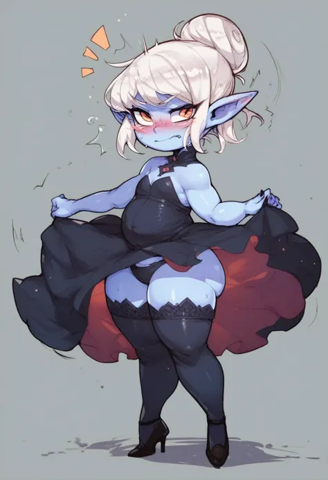 score_9, score_8_up, score_7_up, 1girl, cartoon, flat chest, hair bob, fat, embarrassed, short, adorable, thigh highs, black fantasy dress, shortstack, pointed ears, white hair, blue skin, black heels