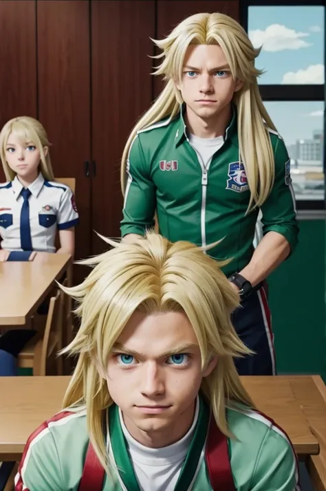 Screenshot of my hero academia.
long blonde hair girl, He has mint eyes and has a serious expression.. He is wearing the UA uniform and in the background is Midoriya and Bakugo from the UA and he is sitting at a table