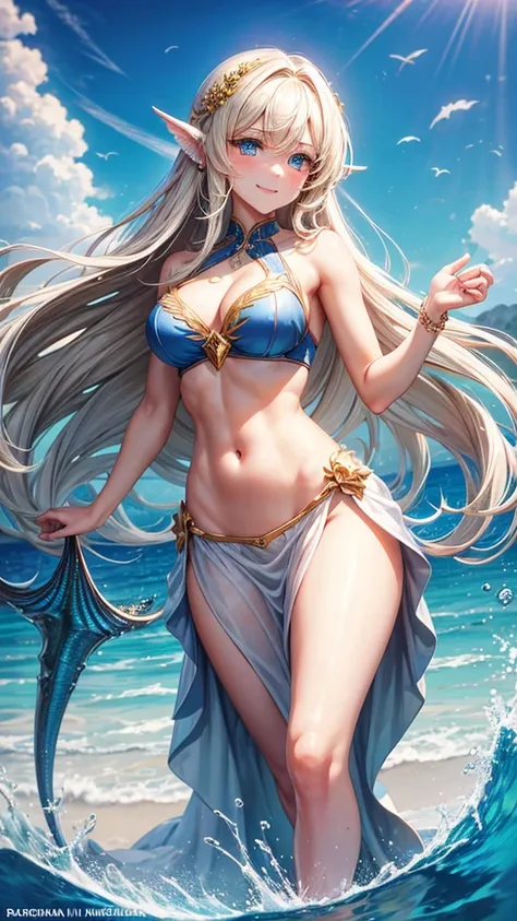 Best quality, cinematic image, detailed image, fantasy, detailed face, detailed beautiful blue eyes, very long fluffy golden hair, long fluffy eyelashes, A mermaid, Beautiful girl, high, athletic build, Beautiful skin, mischievous smile, Sea, summer, под в...