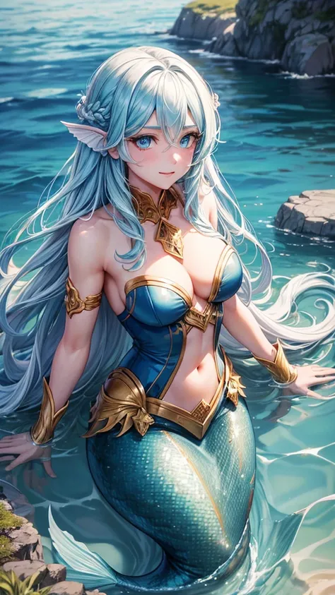 Best quality, cinematic image, detailed image, fantasy, detailed face, detailed beautiful blue eyes, very long fluffy golden hair, long fluffy eyelashes, A mermaid, Beautiful girl, high, athletic build, Beautiful skin, mischievous smile, Sea, summer, под в...