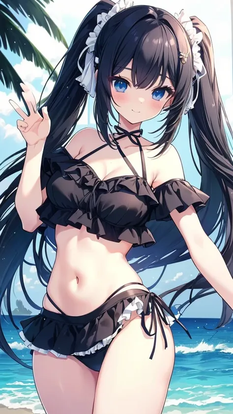 best quality, extremely detailed,anime style girl,long hair down to the waist, straight hair, dark black hair with bluish,twin tail,beautiful detailed eyes, pinched eyes, dark blue eyes,huge breasts,curvy,((cutie light blue frill Bikini)),hair ornament,bea...