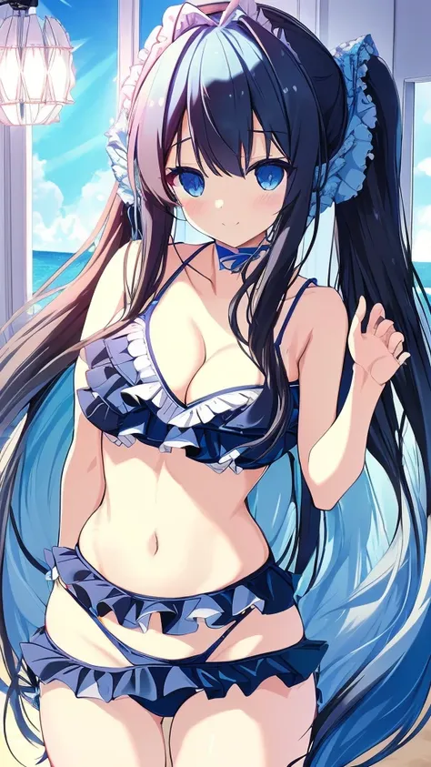 best quality, extremely detailed,anime style girl,long hair down to the waist, straight hair, dark black hair with bluish,twin tail,beautiful detailed eyes, pinched eyes, dark blue eyes,huge breasts,curvy,((((cutie light blue frill Bikini)))),hair ornament...