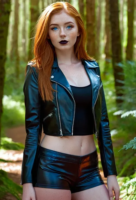 realistic, 8k, beautiful ginger haired woman, long hair, 20 years old, freckles, slim, cute face, blue, detailed eyes, thin eyebrows, medium breasts, pert breasts, waist length black leather jacket, black pvc crop top, black pvc shorts, subtle light red li...