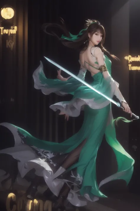 a girl, sword, beautyful. nice background, 4k, nice shot, full body, jade green dress, smile