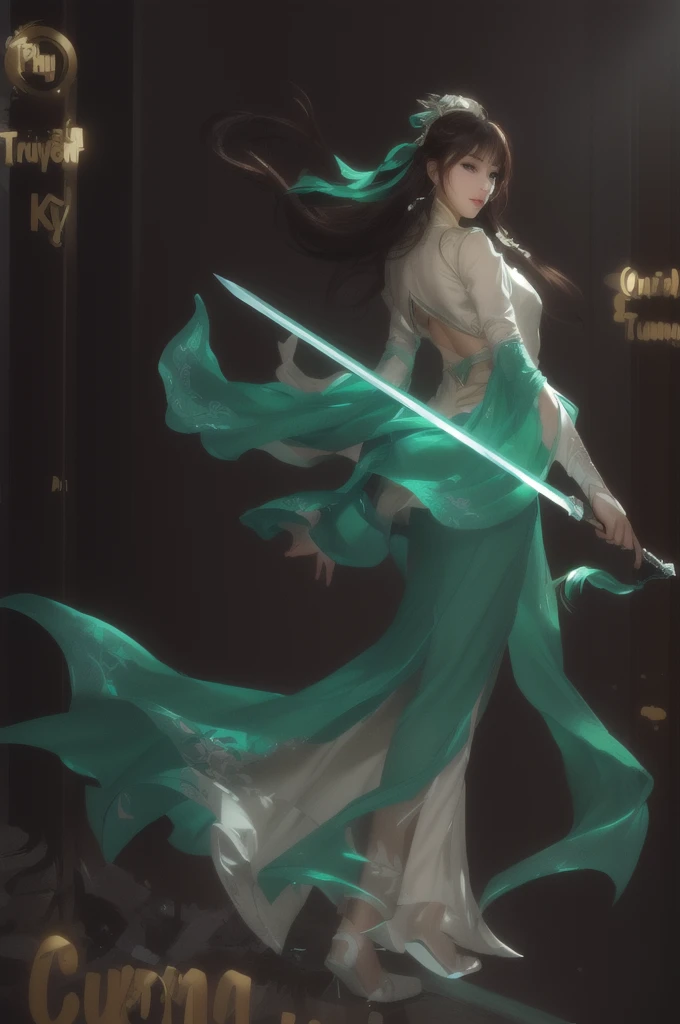 a girl, sword, beautyful. nice background, 4k, nice shot, full body, jade green dress, smile