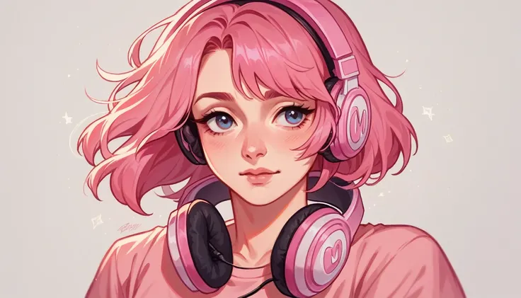 masterpiece, best quality, very aesthetic, absurdres, 1girl, pink hair, wearing headphones, set against a soft, dreamy background, peaceful and relaxed demeanor, pink tint.