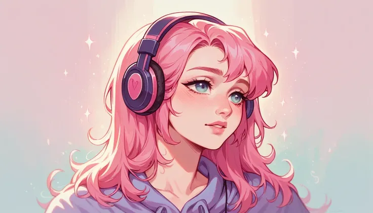 masterpiece, best quality, very aesthetic, absurdres, 1girl, pink hair, wearing headphones, set against a soft, dreamy background, peaceful and relaxed demeanor, pink tint.