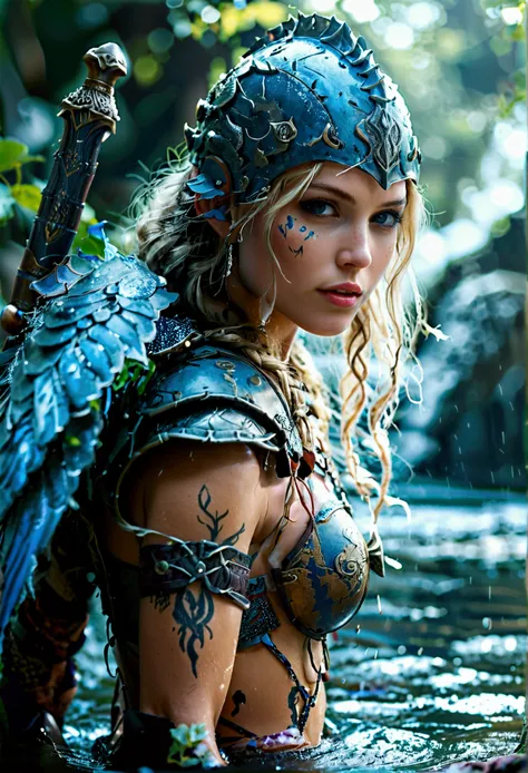 A Viking water fairy, warrior, with blue water wings, gotejamento, Pierced and criminal. She is beautiful and has long hair. She is wearing a war helmet, with a determined face, a water sword and a shield. She has water wings on her back, and she is in a l...