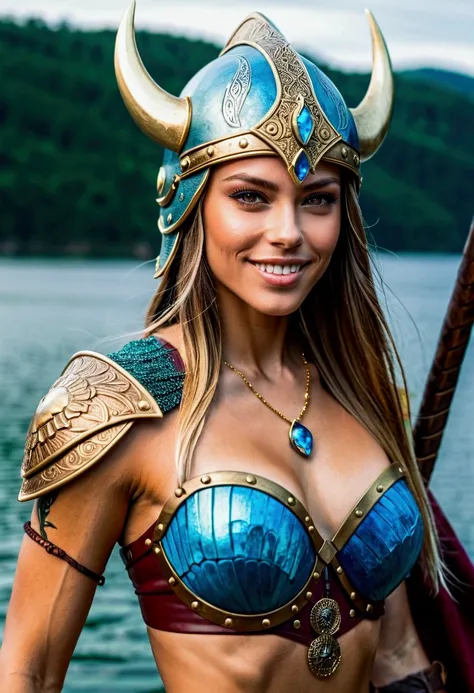 A Viking water fairy, warrior, with blue water wings, gotejamento, Pierced and criminal. She is beautiful and has long hair. She is wearing a war helmet, with a determined face, a water sword and a shield. She has water wings on her back, and she is in a l...