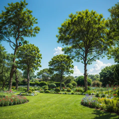 the garden of eden, full of lush flowers and fruit trees under a radiant blue sky.