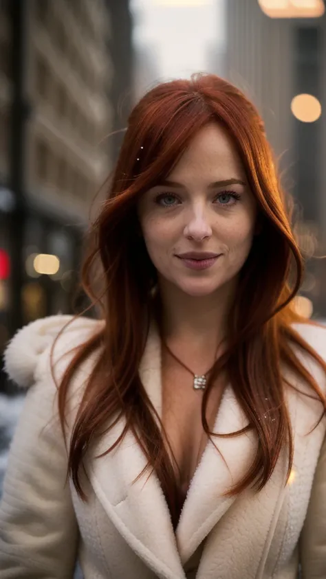 dkjt,long red hair,close up,masterpiece,snow,city street,bokeh,dof,very detailed,soft lighting,volumetric lighting,film grain,ci...