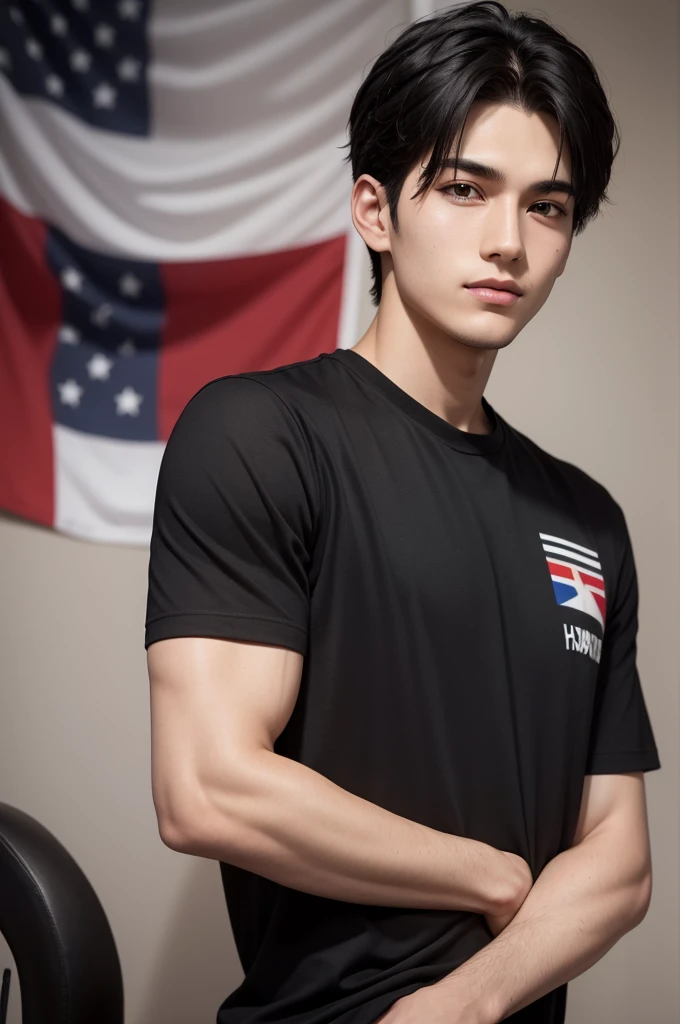 Boy, 24 years old, black hair, brown eyes, shirt with KNB and VH Brazilian flag in the background 