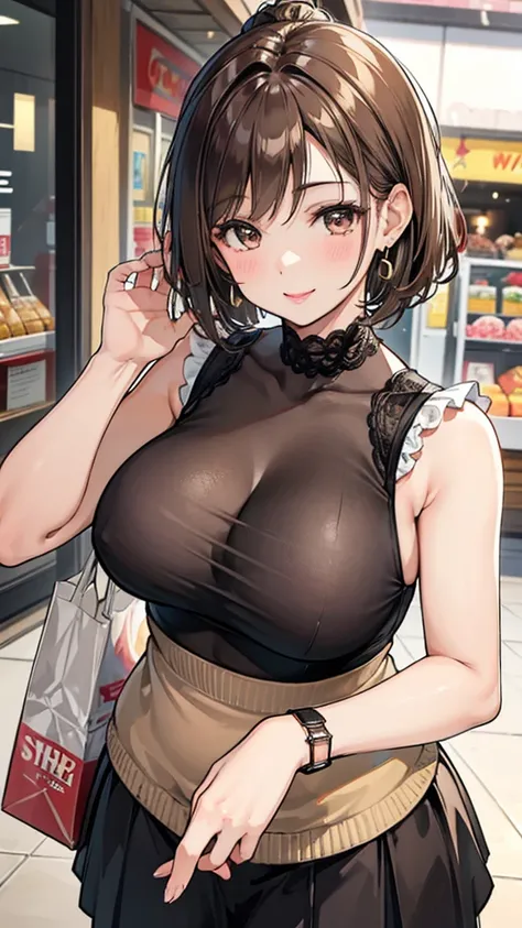 Female 26 years old，housewife，Sunlight，Smile，put on lipstick，Light brown curly short hair，A ponytail on the left，Slightly plump，Firm breasts，market shopping，Wearing a watch on the right hand，half moon earrings，skirt