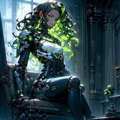 a girl with dark green hair, long hair in three braids, sitting in a library, robot eyes, armored cyborg, masterpiece, best quality, (best quality,4k,8k,highres,masterpiece:1.2),ultra-detailed,(realistic,photorealistic,photo-realistic:1.37),intricate detai...