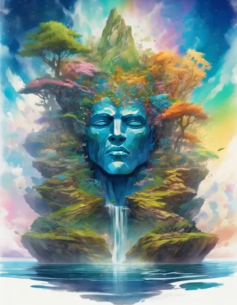 In the center of the scene A a blue jacket man walk into a rock Titan open mouth, behemoth rock and gold Titan bust, with mouth open resting in the center of a water mirror, the Titan head has moss-vegetaion and flowers. thick wavy Brush strokes, Digital i...