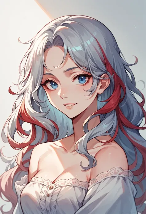 Woman with long, wavy silver hair with red highlights and blue eyes