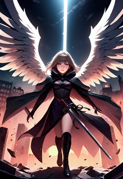 Realistic, 4K, Angels with big wings, Black clothes, one sword, Hood in war background image (chaos) rinnegan eyes