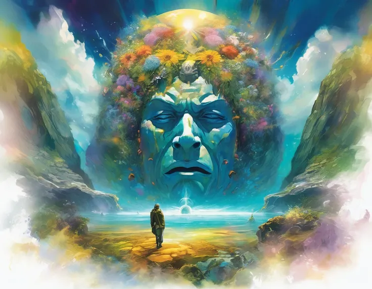 In the center of the scene A a blue jacket man walk into a rock Titan open mouth, behemoth rock and gold dormant Titan bust, with mouth open resting in the center of a water mirror, the Titan head has moss-vegetaion and flowers. thick wavy Brush strokes, D...