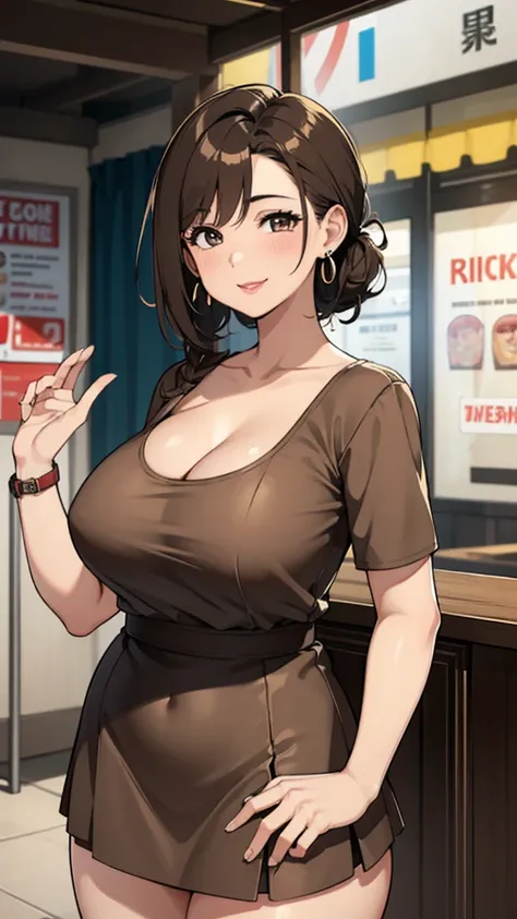 Female 26 years old，housewife，Sunlight，Smile，put on lipstick，Light brown curly short hair，A ponytail on the left，Slightly plump，Firm breasts，market shopping，Wearing a watch on the right hand，half moon earrings，skirt