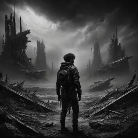 a dark moody black metal scene, black and white, cloudy black sky, ruined martian spaceport, 1boy, detailed face, eerie atmosphere, moody lighting, dramatic composition, cinematic, dark fantasy, dystopian, digital art, concept art, dark sci-fi, highly deta...