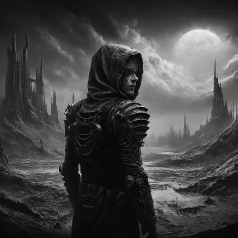 a dark moody black metal scene, black and white, cloudy black sky, ruined martian spaceport, 1boy, detailed face, eerie atmosphere, moody lighting, dramatic composition, cinematic, dark fantasy, dystopian, digital art, concept art, dark sci-fi, highly deta...