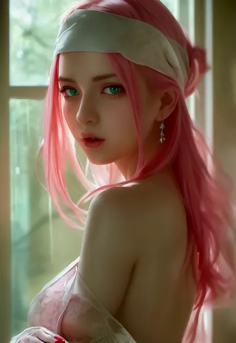 (masterpiece:1.2, best quality), 1girl,solo, large breasts, full body, headband, pink hair, short hair, green eyes, lipstick, red dress, bare shoulder, looking back, sakura, haruno_sakura, naked, sexy, transparent kimono.little pubic hair, silver pubic hai...