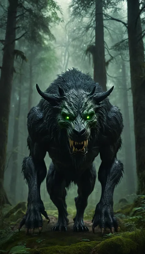 full body portrait of scary black beast, very tall, four legged, scary skull head, [deer | tiger | wolf | wendigo | bear], hybrid beast with beryl green eyes dark mysterious forest scenery , fantasy, dark fantasy, full body , cinematic, render, 8k, unreal ...