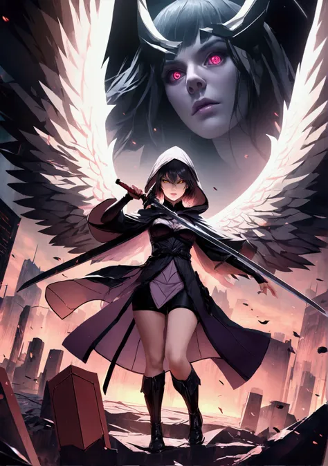 Realistic, 4K, Angels with big wings, Black clothes, one sword, Hood in war background image (chaos) rinnegan eyes