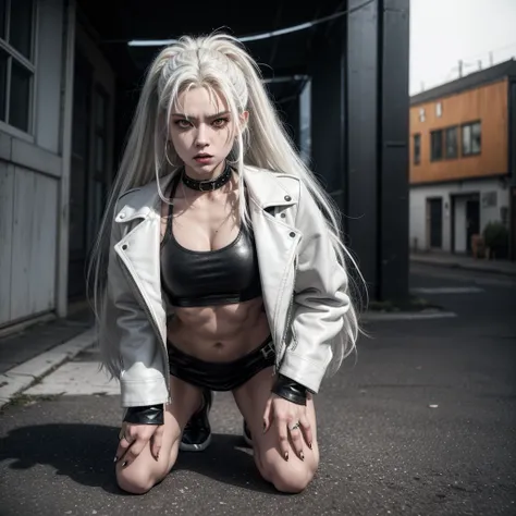 werewolf female, white fur, white hair with  dreadlocks, a little muscular, orange eyes, very agressive, angry, kneeling on the ground, angry, wearing a top color white, wearing a leather jacket color black open, wearing a miniskirt color black, wearing hi...