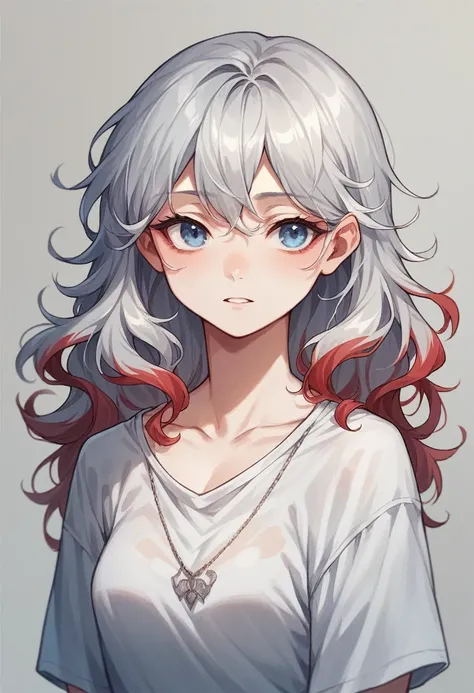 Woman with long, wavy silver hair with red highlights and blue eyes wearing loose clothing