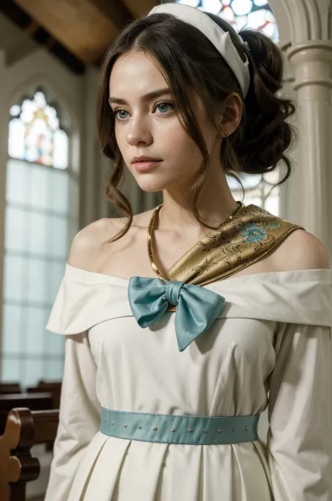 A young girl in realistic portrait of high quality and detail, movie style, Barbara (Genshin Impact), a young girl of petite build with ash-blond hair gathered in two ponytails and blue eyes. She is dressed in a white off-the-shoulder dress decorated with ...