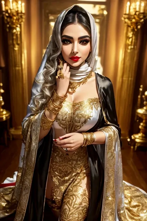 (masterpiece), (ultra high resolution), (extremely intricate), (exquisitely detailed), (F1.4, 1/800s, ISO 100, photorealistic),1girl, (beautiful gorgeous arabic woman),  looking_at_camera,Evil queen, homewrecker, white hair,huge breasts,((wearing full slee...