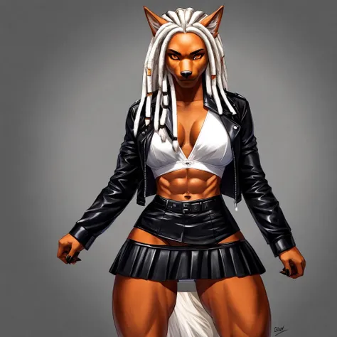 werewolf female, white fur, white hair with  dreadlocks, a little muscular, orange eyes, wearing a top color white, wearing a leather jacket color black open, wearing a miniskirt color black, lingerie panties under skirt, furry art.