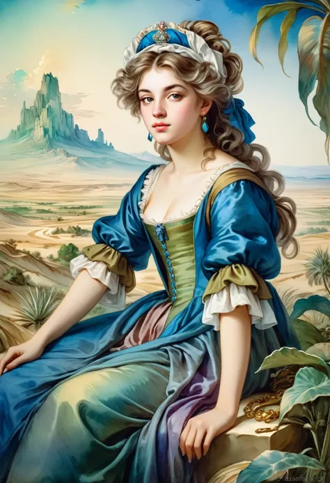 "An attractive young  princess Budur is sitting in Caracum desert" ((in the style of Jean-Baptiste Greuze / Albrecht-Altdorfer )), lush watercolor palette canvas/acrylic, intricate, extreme detail, complex key, ((single shot)), ((best quality)), ((masterpi...