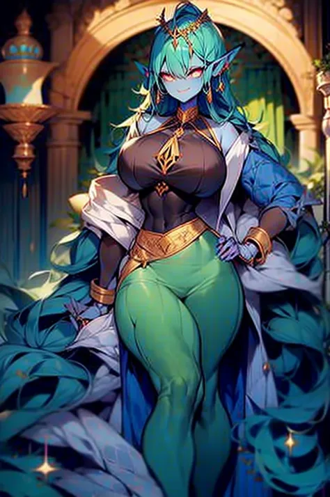 (masterpiece, best quality, official art, 8k), ultra-detailed, a cartoon image of a sky blue skinned female djinn with blue hair...