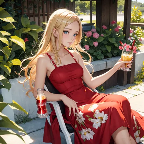 Beautiful woman with blonde hair in summer dress, drinks cola