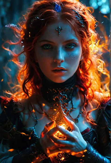 a beautiful redheaded sorceress in a dark fantasy RPG setting, intricate magical effects, cinematic lighting, highly detailed, ultra-realistic, 8k, photorealistic, dramatic pose, piercing eyes, glowing hands, swirling magical energy, dark moody atmosphere,...