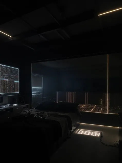 a hacker room that has a large server center with cables and lights, a very robust dedicated server with a lot of technology, dark bedroom, low lighting, ultra realistic detail 8k (3 LARGE MONITORS) details on server cables and technology 
