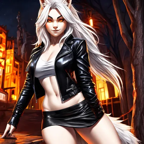 werewolf female, fur color white, white hair, orange eyes, wearing a top color white, wearing a leather jacket color black open, wearing a miniskirt color black, curvy body.