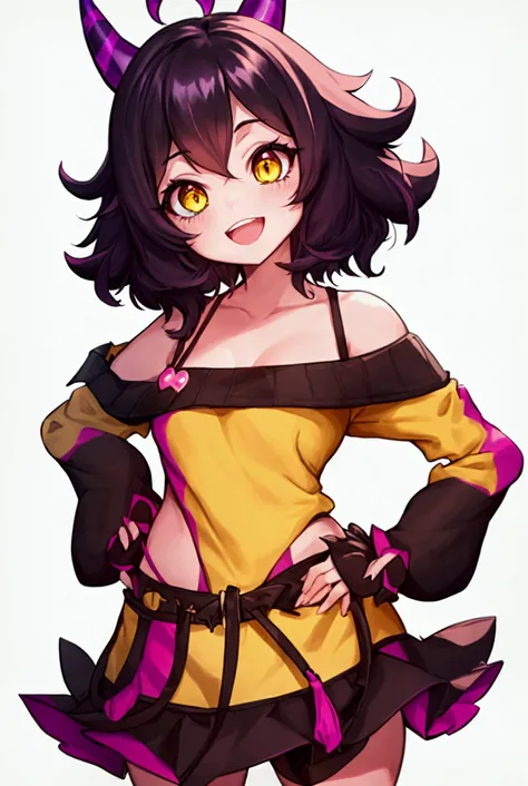 mina ashido, 1girl, solo, looking at viewer, smile, short hair, open mouth, simple background, long sleeves, white background, bare shoulders, collarbone, yellow eyes, pink hair, :d, heart, cowboy shot, horns, shorts, off shoulder, sweater, hand on hip, v,...