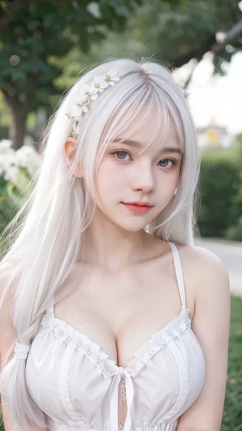 1 Girl, Beautiful, Baby Face, 15 Years Old, White Skin, Big Breasts, Pose, Cleavage, Perfect Lolita Dress, White Eye, Muscles:1.3, Outdoor, Bokeh:1.1, Drill Hair, Tied Hair, ((White Gradient Coloured Hair))